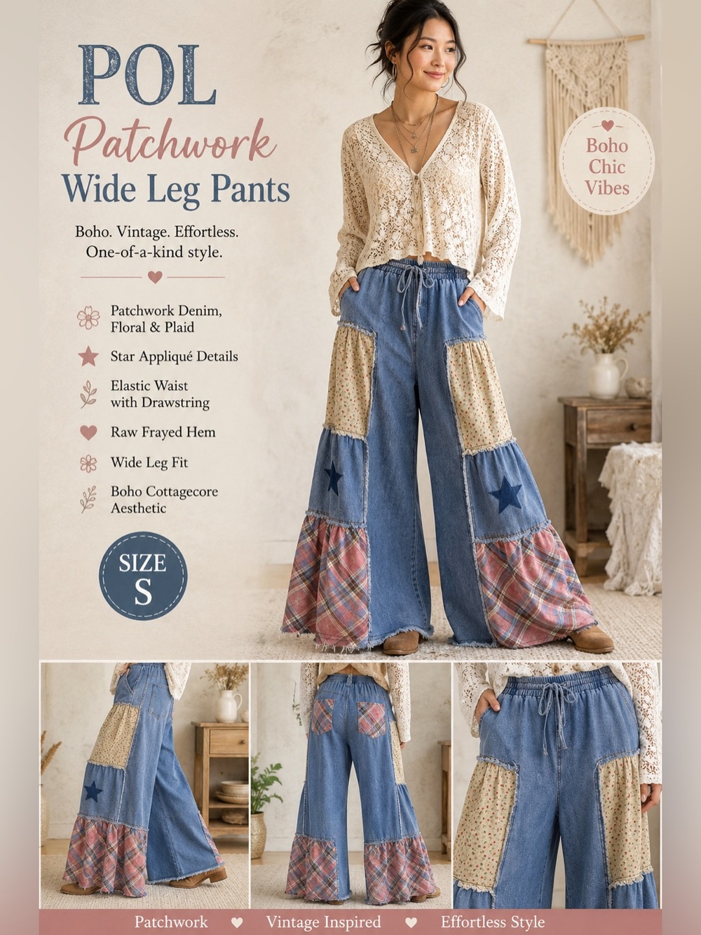 POL Blue Pink Patchwork Wide Leg Pants S